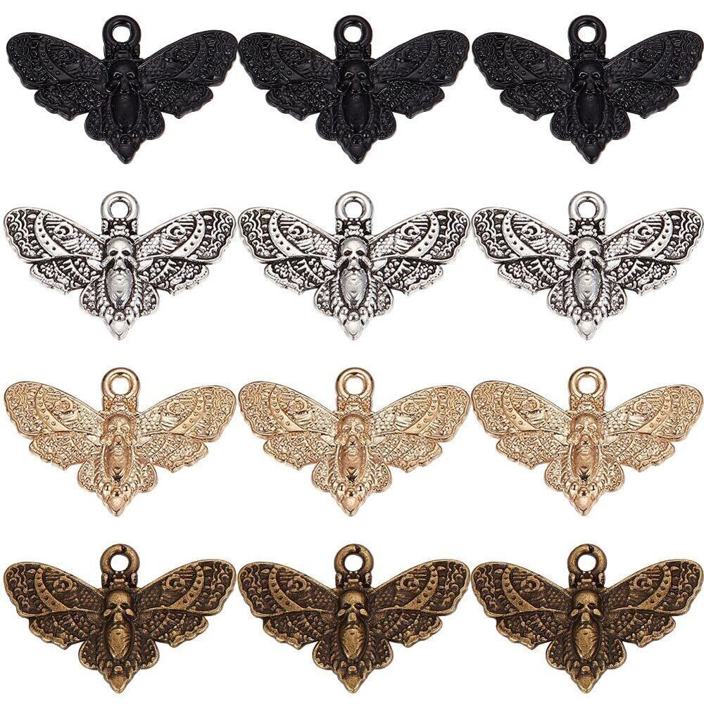 9993 80Pcs Gothic Style Moth Charms Kit - Black Skeleton Head Insect Charms